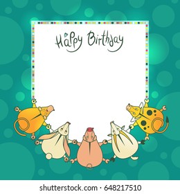 Vector greeting children card with wishes for a happy birthday. Invitation flyer for the holiday. Cute animals dance in a circle frame of colorful glowing lanterns.