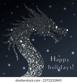 Vector greeting Christmas banner template, New Year card template, shiny glitter dragon silhouette on dark background with text Happy Holidays.