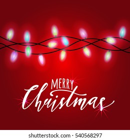 Vector greeting Christmas card with colorful glowing lights and lettering. Holiday illustration.