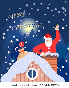 Vector greeting Christmas card with Santa on the roof in the chimney and night forest on the background.