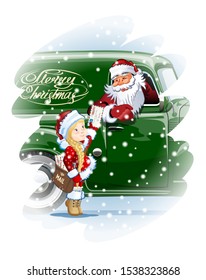 Vector greeting Christmas card with Snow Maiden - Postman delivering mail for Santa. Available eps-10 format separated by groups and layers for easy edit.