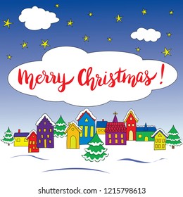 Vector greeting Christmas card with stylized european houses, snowflakes and handwritten text. Merry Christmas!