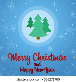 Vector greeting Christmas and New Year. Icon with fir trees in the flat style with snowflakes in the background. Winter decoration cards