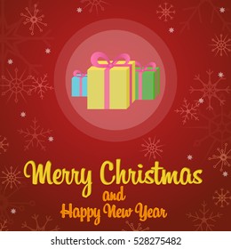 Vector greeting Christmas and New Year. Icon with gifts in flat style with snowflakes in the background. Winter decoration cards