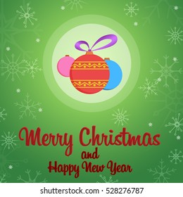 Vector greeting Christmas and New Year. Icon with Christmas toys on the Christmas tree balls into flat style with snowflakes in the background. Winter decoration cards