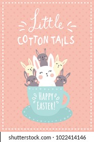 vector greeting cup, cute bunnies are sitting in a tea cup, happy easter and little cotton tails text