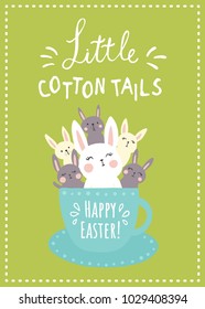 vector greeting cup, cute bunnies are sitting in a tea cup, happy easter and little cotton tails text