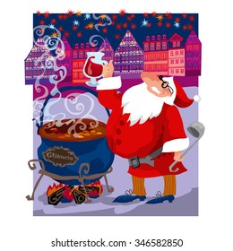 vector greeting curd illustration of santa (mulled wine)