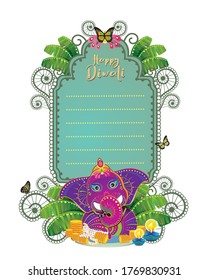 A vector greeting frame of Diwali with elephant that carrying wealth and auspicious blessing.