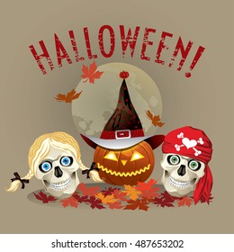 Vector greeting Halloween card with funny skulls and pumpkin