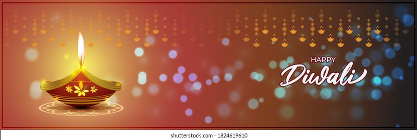 Vector greeting of Happy Diwali, Dipawali, Indian festival, festival of lights, diya lamp, oil lamp, diya danglers, patterns, colorful bokeh background, vector illustration banner, holiday wishes post