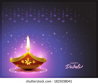 Vector greeting of Happy Diwali, Dipawali, Indian festival, festival of lights, diya lamp, oil lamp, diya danglers, patterns, colorful bokeh background, vector illustration banner, holiday wishes post