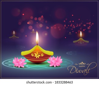 Vector greeting of Happy Diwali, Dipawali, Indian festival, festival of lights, diya lamp, oil lamp and lotus on beautiful pattern, colorful bokeh background.