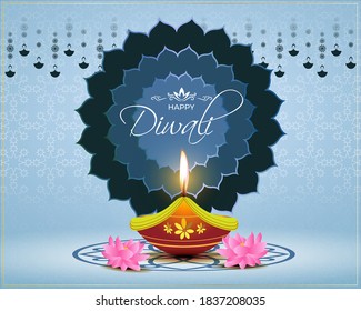 Vector greeting of Happy Diwali, Dipawali, Indian festival of lights, danglers, diya, oil lamp and lotus on beautiful pattern, holiday wishes poster.