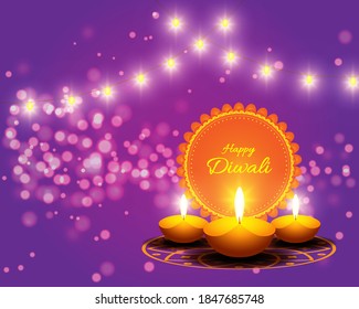 Vector greeting of Happy Diwali, Dipawali, Indian festival of lights, danglers, diya, oil lamp and lotus on beautiful pattern, holiday wishes poster.