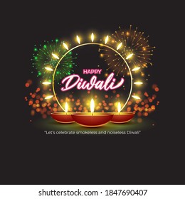 Vector greeting of Happy Diwali, Dipawali, Indian festival of lights, danglers, diya, oil lamp and lotus on beautiful pattern, holiday wishes poster.