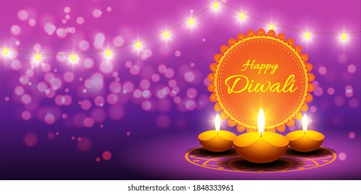 Vector greeting of Happy Diwali, Dipawali, Indian festival of lights, danglers, diya, oil lamp and lotus on beautiful pattern, holiday wishes poster.