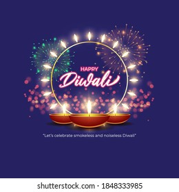 Vector greeting of Happy Diwali, Dipawali, Indian festival of lights, danglers, diya, oil lamp and lotus on beautiful pattern, holiday wishes poster.