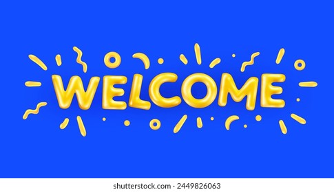 Vector greeting illustration of cartoon golden color word welcome with confetti. 3d style design of shine letter welcome on blue color background for web, site, banner, card