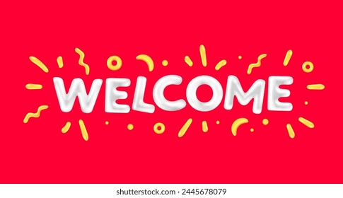 Vector greeting illustration of cartoon white color word welcome with confetti. 3d style design of shine letter welcome on red color background for web, site, banner, card