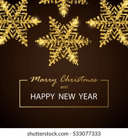 Vector greeting illustration with golden  snowflake. Christmas and New Year Typographical .