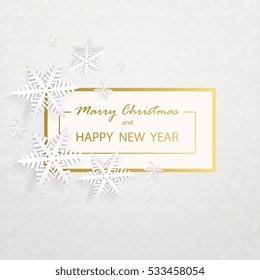 Vector greeting illustration with golden  snowflake. Christmas and New Year Typographical .