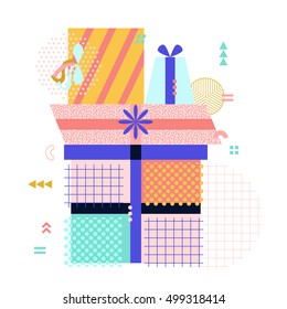 Vector greeting illustration with many holiday gifts. Made in 80s memphis style. Can be used as greeting card, print or poster, advertising banner.