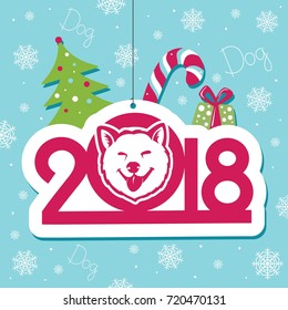 Vector greeting illustration New Year 2018 with dog and Christmas tree