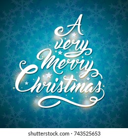 Vector greeting inscription in the form of a Christmas tree on a blue background. Merry Christmas lettering