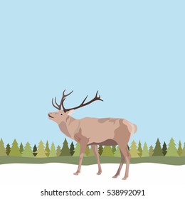 Vector greeting, invitation card for christmas, new year. Vector deer with antler on seamless background of trees and snow