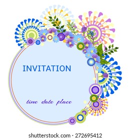 Vector greeting / invitation card in the circle with decorative elements and flowers.