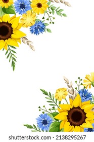 Vector greeting or invitation card design with yellow sunflowers, dandelion flowers, blue cornflowers, ears of wheat, and green leaves