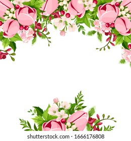 Vector greeting or invitation card with pink tulip and freesia flowers.