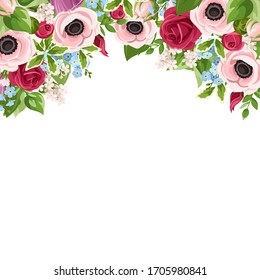 Vector greeting or invitation card with red, pink, purple and blue anemones, roses and forget-me-not flowers.