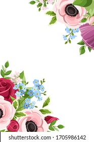 Vektorillustration Gruß oder Einladungskarte mit roten, rosa, violetten und blauen Anemonen, Rosen und vergessenen Blumen.