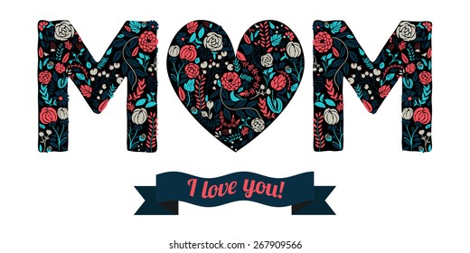 Vector greeting to Mom with isolated flower heart and "M" word on white background