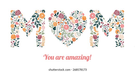 Vector greeting to Mom with isolated flower heart and "M" word on white background