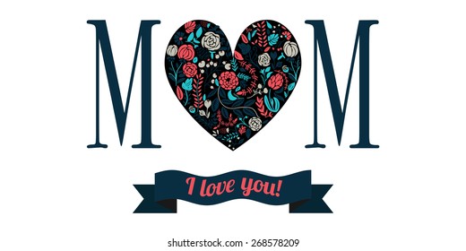 Vector greeting to Mom with isolated flower heart on white background