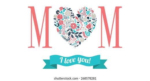 Vector greeting to Mom with isolated flower heart on white background