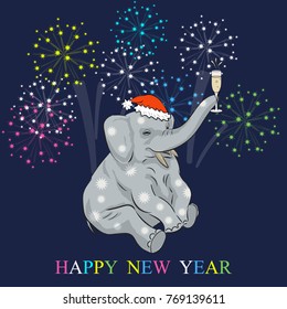 Vector of greeting New Year banner .Elephant in Santa Claus hat with glass of champagne.Festive background with fireworks.Colorful words Happy New Year.