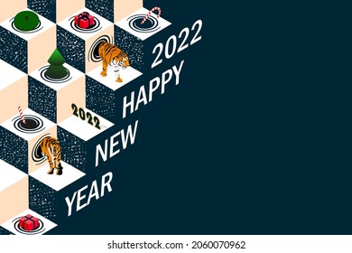 Vector greeting New Year and Christmas card with tiger, candy cane, snow, Christmas tree and 3d volumetric effect and optical illusion with place for text on blue background