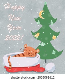 Vector greeting new years card with cute cartoon tiger sleeping in Santa Claus hat with sweet dreams near fir tree on snowy december day