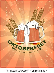 Vector greeting of oktoberfest festival, two beer mugs with wheat, party beer glasses, celebration, fest, october feastival vintage style vector illustration.