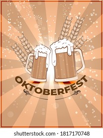 Vector greeting of oktoberfest festival, two beer mugs with wheat, party beer glasses, celebration, fest, october feastival vintage style vector illustration.