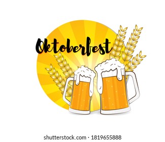 Vector greeting of oktoberfest festival, two beer mugs with wheat, party beer glasses, celebration, fest, october feastival vintage style vector illustration.