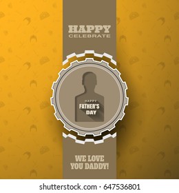 Vector greeting paper craft of Happy Father's Day with label of gear cut from paper, ribbon on the gradient yellow background with pattern and cut paper brown shapes with shadow.