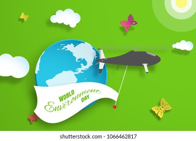 Vector greeting paper craft of World Environment Day on the gradient green wide background with blue globe, flying helicopter with flag, sun, clouds, shadow, butterflies and text.