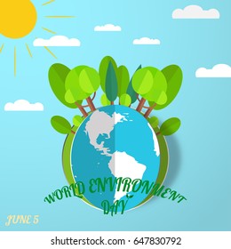 Vector greeting paper craft of World Environment Day on the gradient blue background with blue globe cutout from paper, sun, forest, clouds, shadow and text.