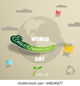 Vector greeting paper craft of World Environment Day on the gradient brown background with blue globe silhouette, clouds, shadow, butterflies and text.