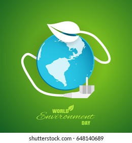 Vector greeting paper craft of World Environment Day on the gradient green background with blue globe, electric cord with leaf and plug, shadow and text.